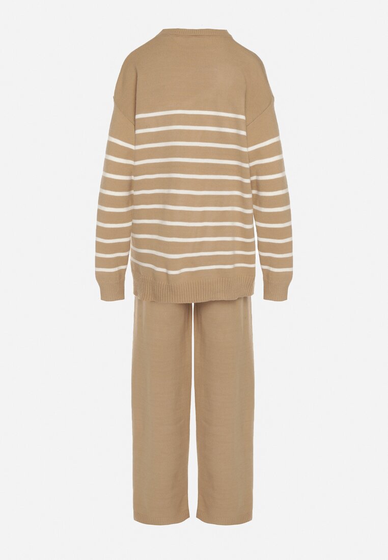 Ciemnobeżowy Komplet z Wełną i Bawełną Sweter w Paski i Szerokie Spodnie Neveena