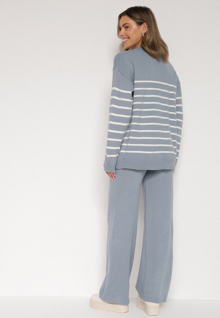 Niebieski Komplet z Wełną i Bawełną Sweter w Paski i Szerokie Spodnie Neveena
