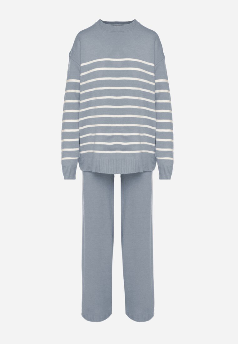Niebieski Komplet z Wełną i Bawełną Sweter w Paski i Szerokie Spodnie Neveena