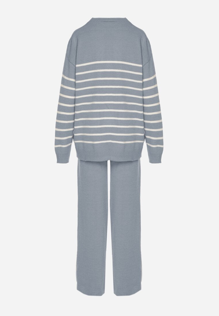Niebieski Komplet z Wełną i Bawełną Sweter w Paski i Szerokie Spodnie Neveena