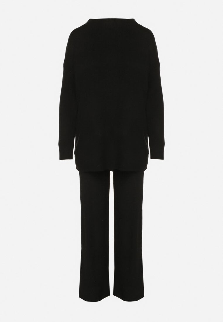 Czarny Dzianinowy Komplet z Bawełną i Wełną Długi Sweter i Szerokie Spodnie Reinesa