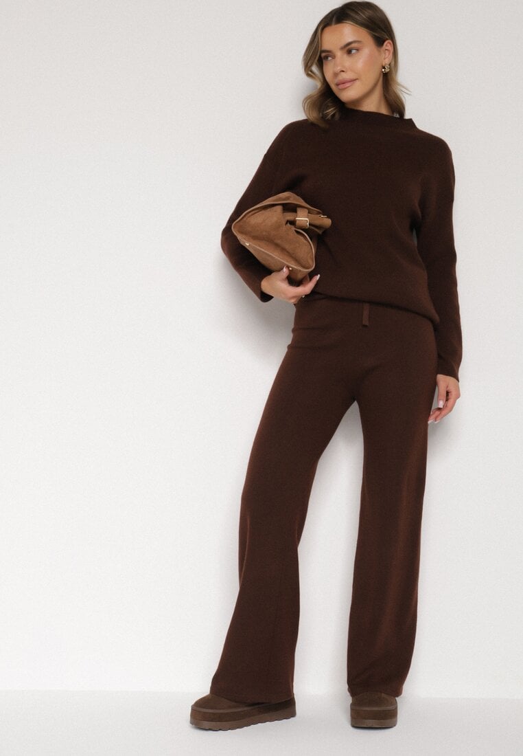 Brązowy Dzianinowy Komplet z Bawełną i Wełną Długi Sweter i Szerokie Spodnie Reinesa