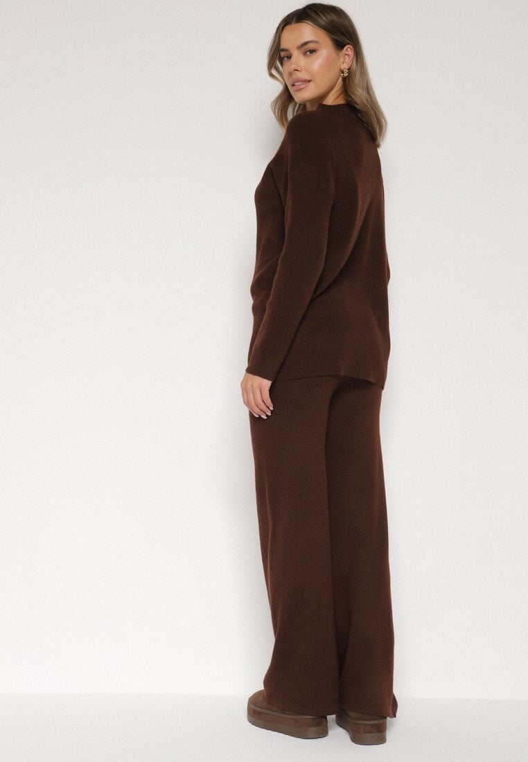 Brązowy Dzianinowy Komplet z Bawełną i Wełną Długi Sweter i Szerokie Spodnie Reinesa