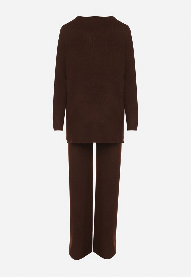 Brązowy Dzianinowy Komplet z Bawełną i Wełną Długi Sweter i Szerokie Spodnie Reinesa