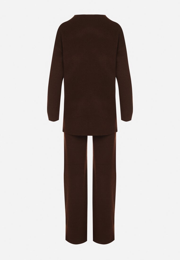 Brązowy Dzianinowy Komplet z Bawełną i Wełną Długi Sweter i Szerokie Spodnie Reinesa