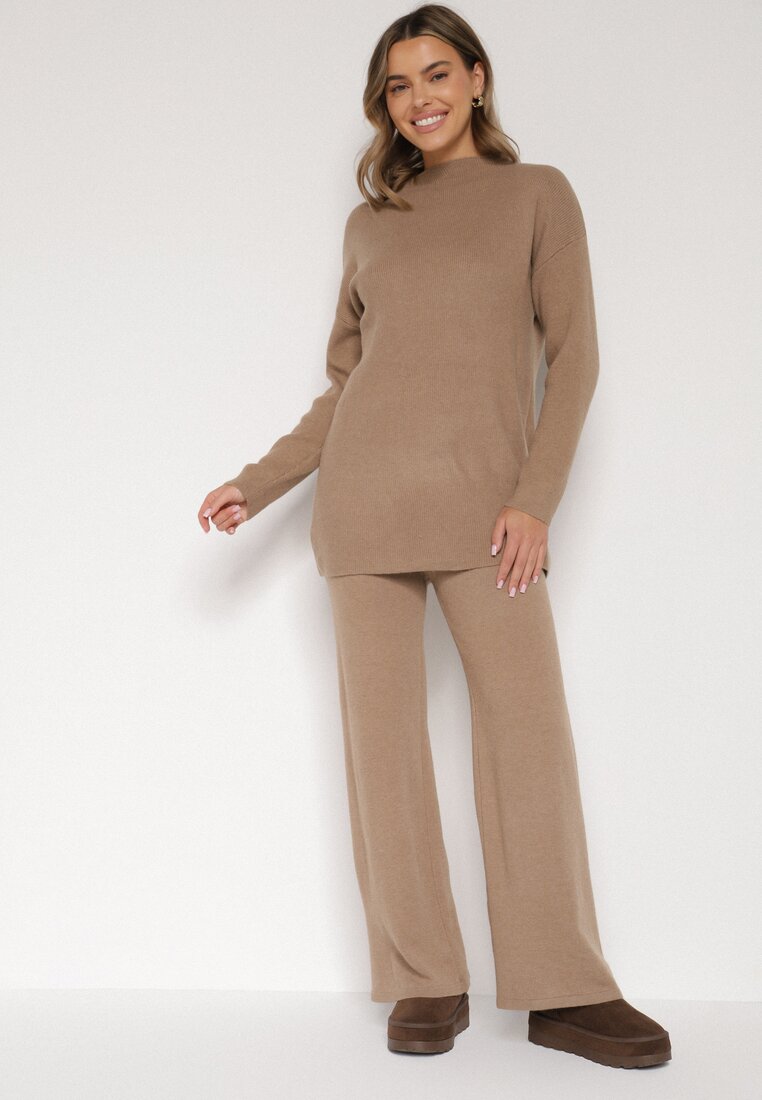 Ciemnobeżowy Dzianinowy Komplet z Bawełną i Wełną Długi Sweter i Szerokie Spodnie Reinesa