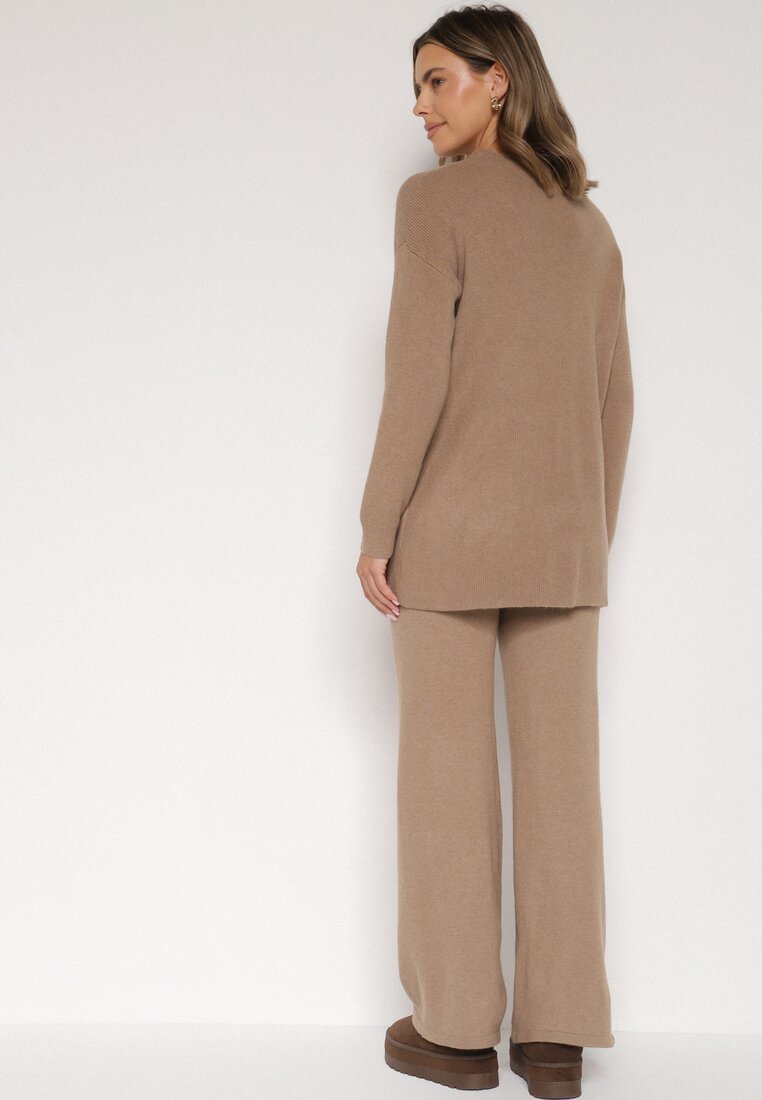 Ciemnobeżowy Dzianinowy Komplet z Bawełną i Wełną Długi Sweter i Szerokie Spodnie Reinesa