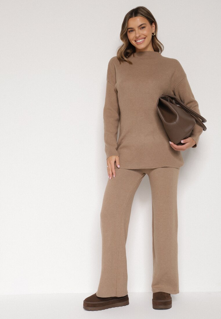 Ciemnobeżowy Dzianinowy Komplet z Bawełną i Wełną Długi Sweter i Szerokie Spodnie Reinesa