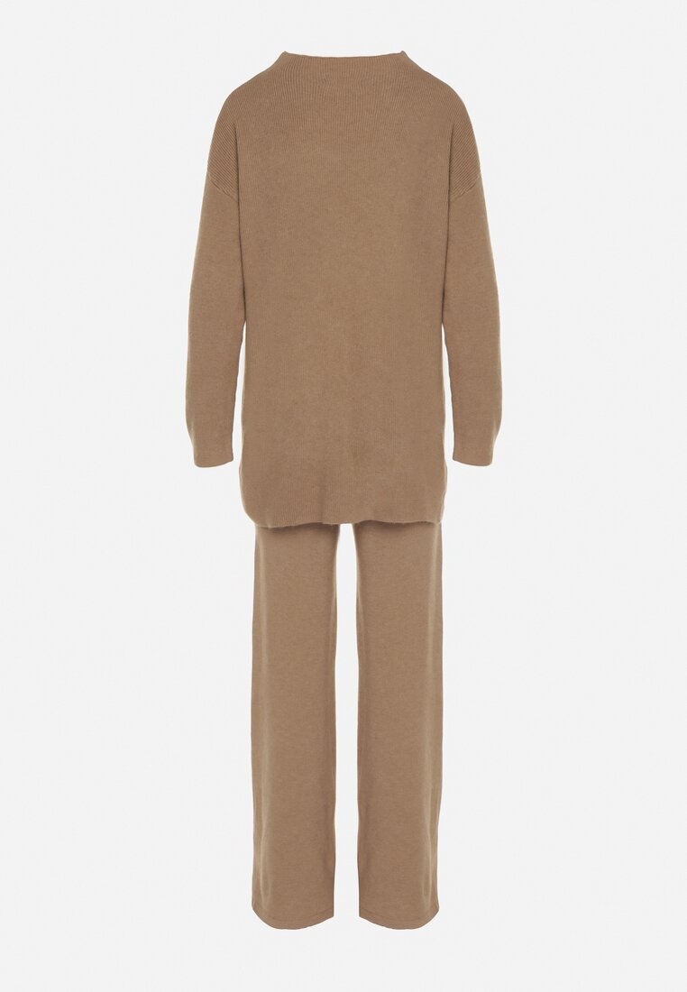 Ciemnobeżowy Dzianinowy Komplet z Bawełną i Wełną Długi Sweter i Szerokie Spodnie Reinesa