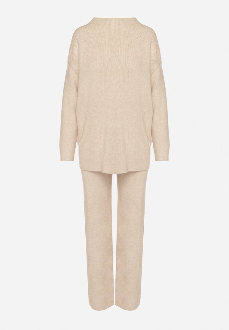 Beżowy Dzianinowy Komplet z Bawełną i Wełną Długi Sweter i Szerokie Spodnie Reinesa