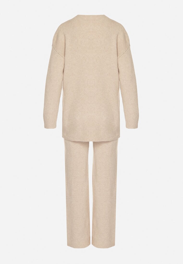 Beżowy Dzianinowy Komplet z Bawełną i Wełną Długi Sweter i Szerokie Spodnie Reinesa