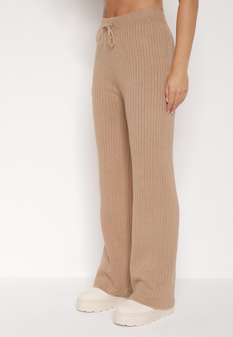 Beżowe Prążkowane Spodnie z Wełną o Szerokim Kroju z Wysokim Stanem Reinnia