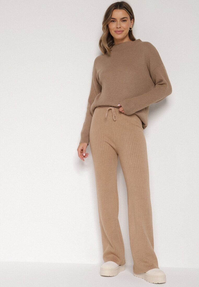 Beżowe Prążkowane Spodnie z Wełną o Szerokim Kroju z Wysokim Stanem Reinnia