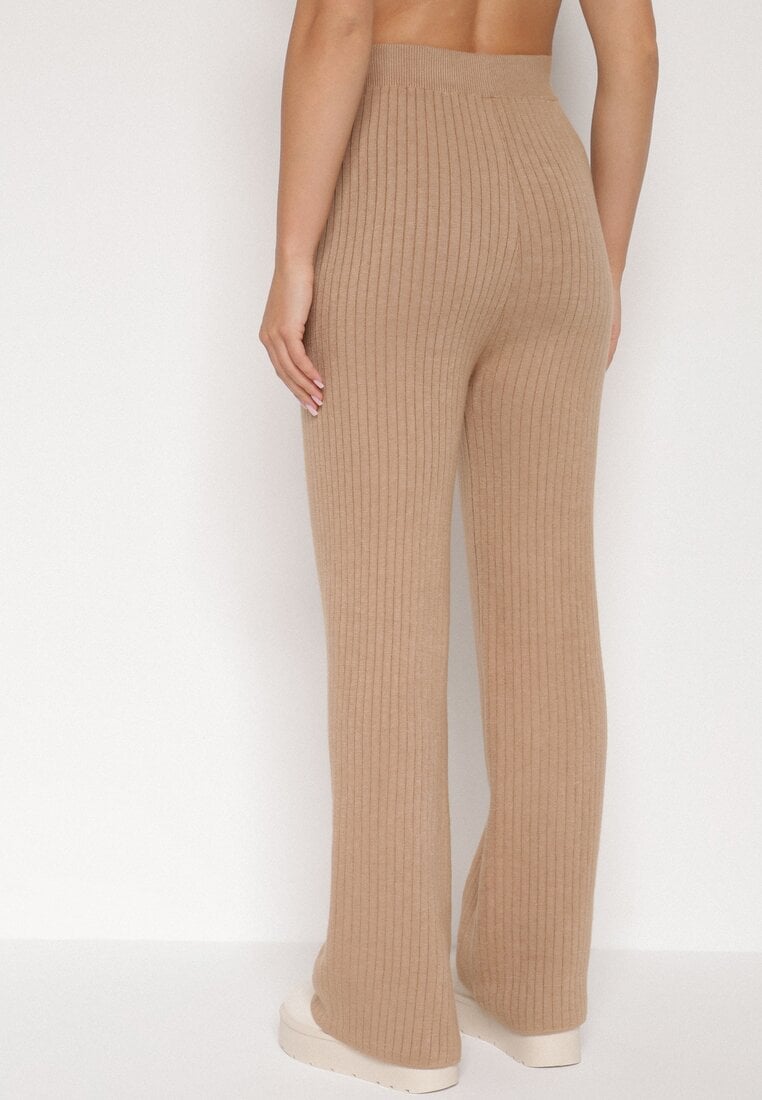 Beżowe Prążkowane Spodnie z Wełną o Szerokim Kroju z Wysokim Stanem Reinnia