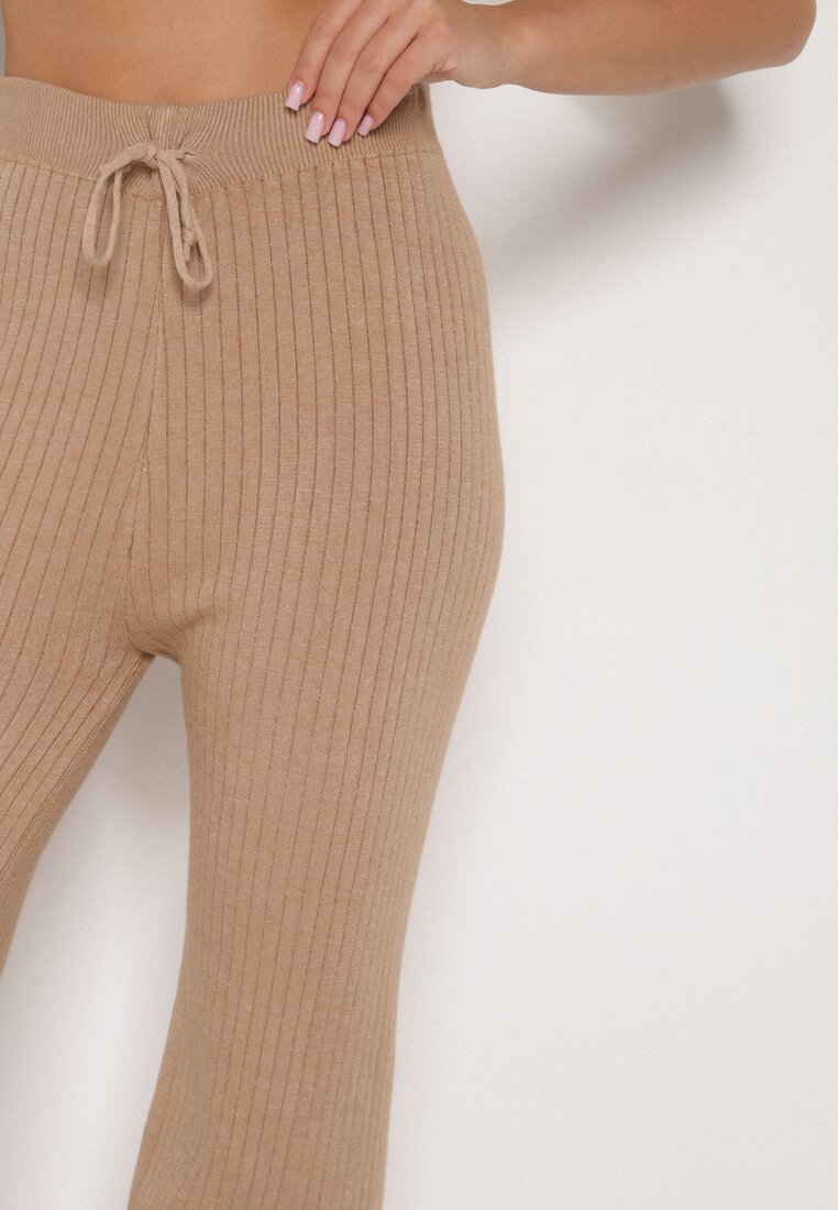 Beżowe Prążkowane Spodnie z Wełną o Szerokim Kroju z Wysokim Stanem Reinnia