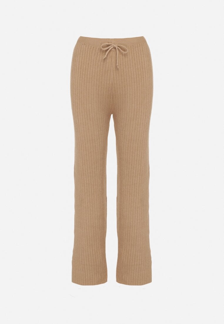 Beżowe Prążkowane Spodnie z Wełną o Szerokim Kroju z Wysokim Stanem Reinnia
