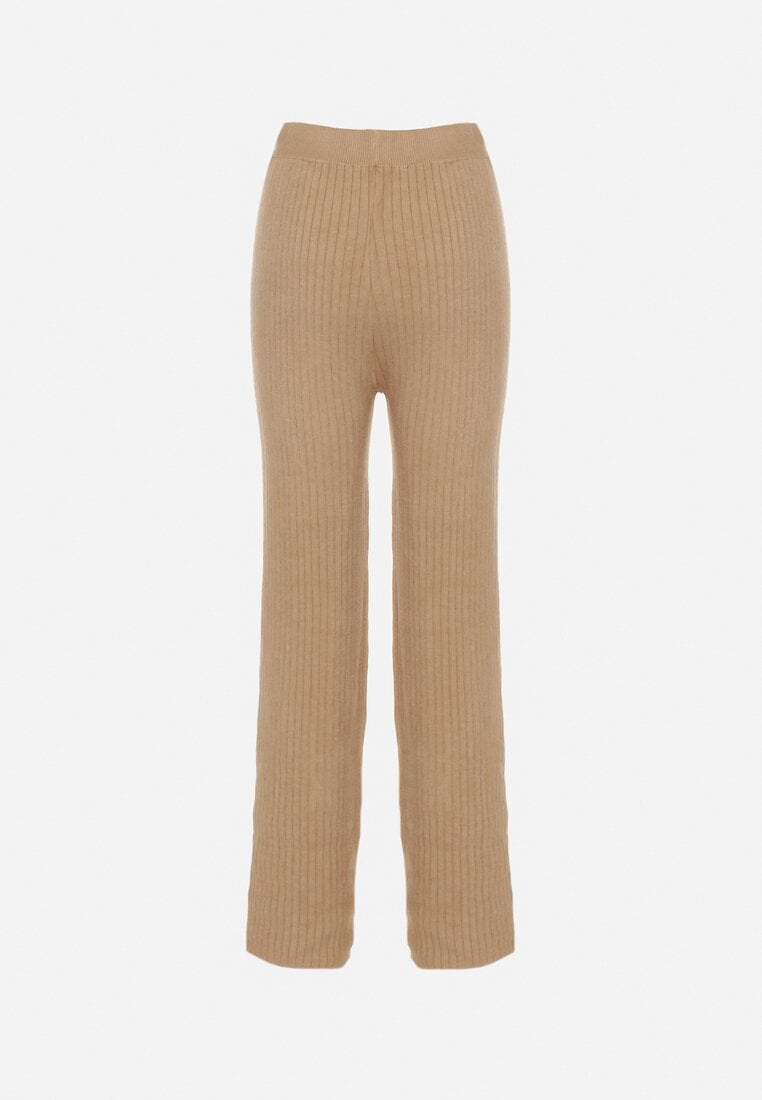 Beżowe Prążkowane Spodnie z Wełną o Szerokim Kroju z Wysokim Stanem Reinnia