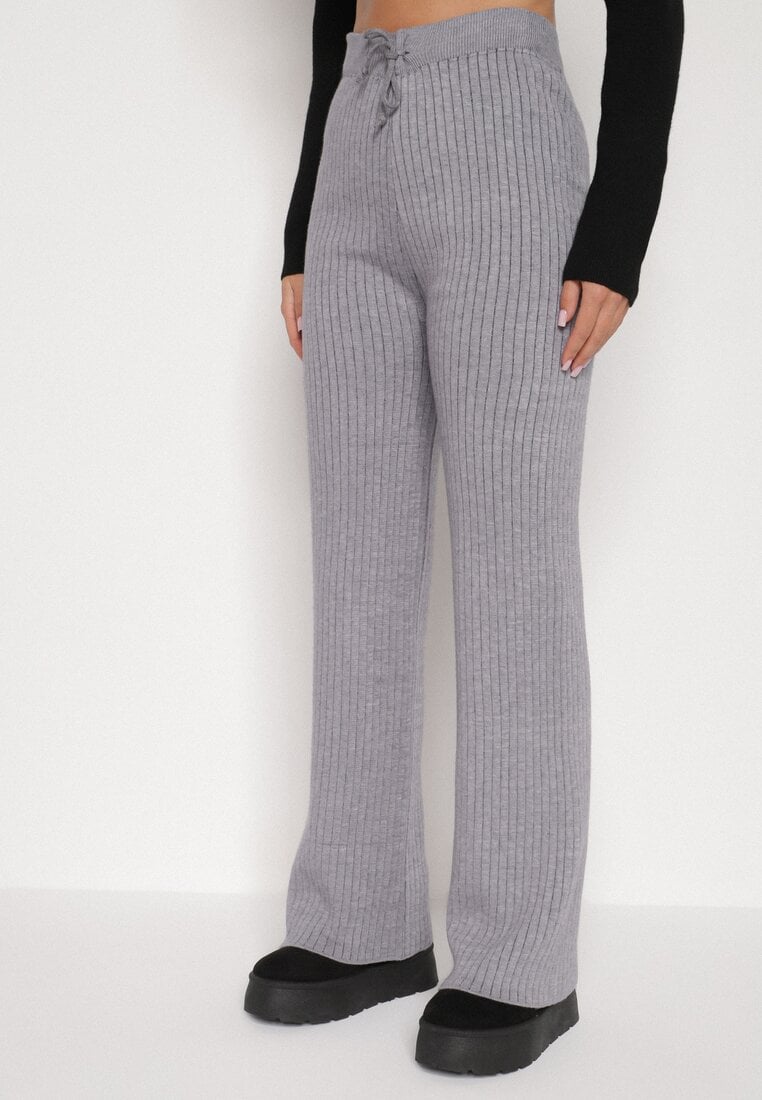 Szare Prążkowane Spodnie z Wełną o Szerokim Kroju z Wysokim Stanem Reinnia