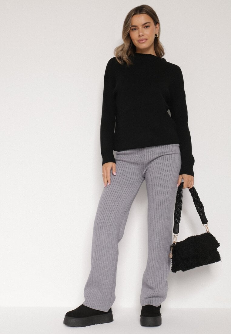 Szare Prążkowane Spodnie z Wełną o Szerokim Kroju z Wysokim Stanem Reinnia
