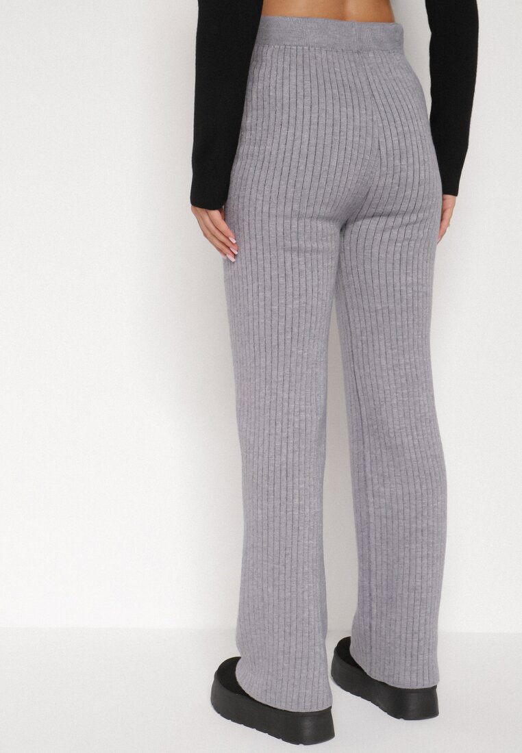Szare Prążkowane Spodnie z Wełną o Szerokim Kroju z Wysokim Stanem Reinnia