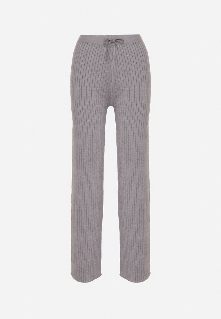 Szare Prążkowane Spodnie z Wełną o Szerokim Kroju z Wysokim Stanem Reinnia