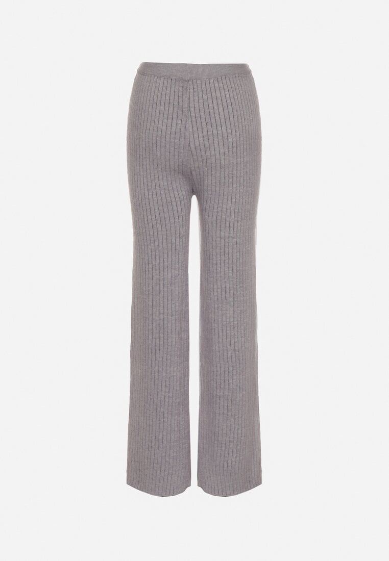 Szare Prążkowane Spodnie z Wełną o Szerokim Kroju z Wysokim Stanem Reinnia