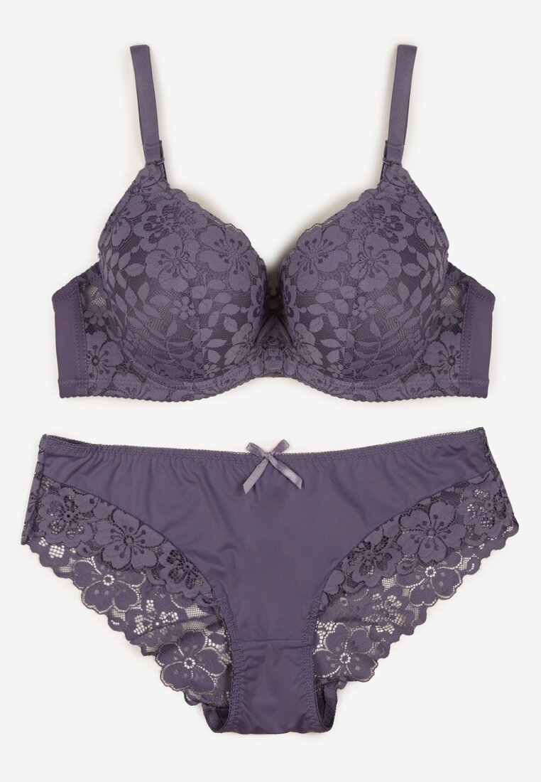 Fioletowy Klasyczny Komplet Biustonosz i Majtki Figi z Koronką Ezilene