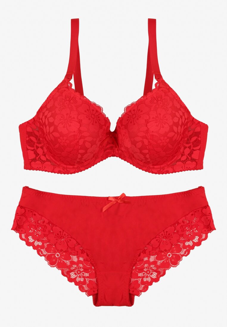 Czerwony Klasyczny Komplet Biustonosz i Majtki Figi z Koronką Ezilene