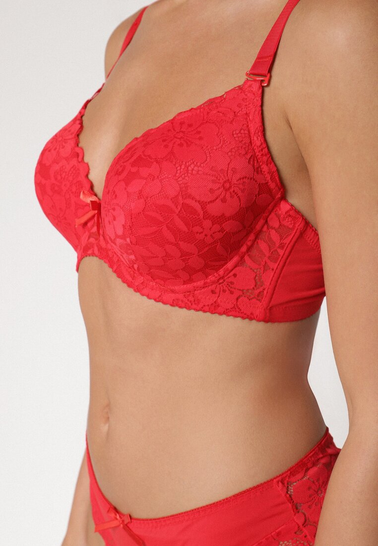Czerwony Klasyczny Komplet Biustonosz i Majtki Figi z Koronką Ezilene