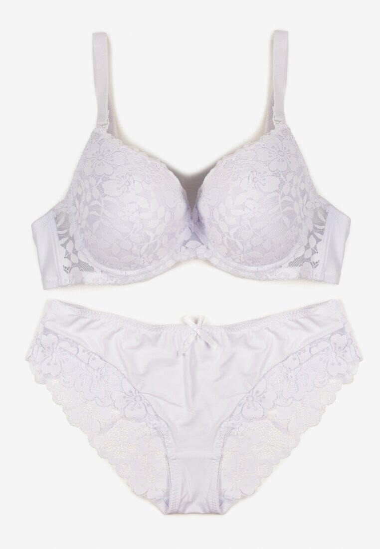 Biały Klasyczny Komplet Biustonosz i Majtki Figi z Koronką Ezilene