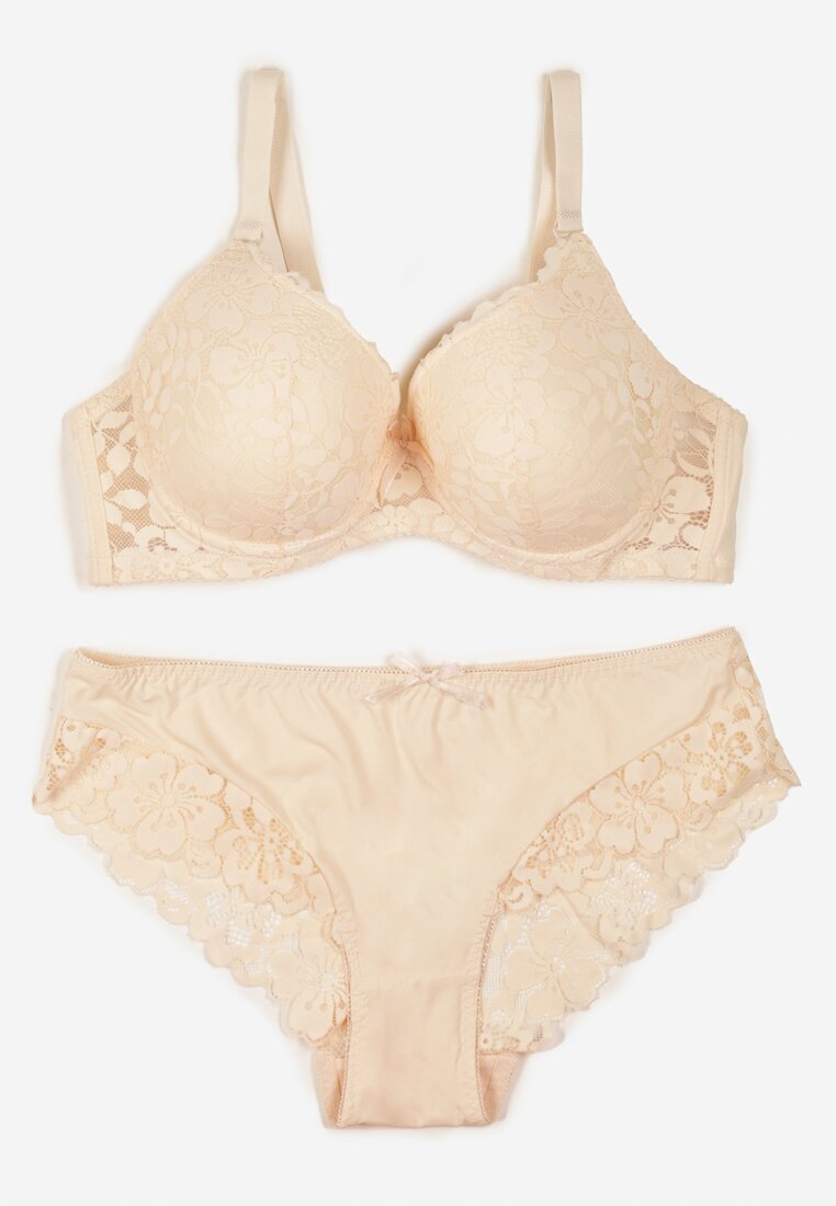 Beżowy Klasyczny Komplet Biustonosz i Majtki Figi z Koronką Ezilene