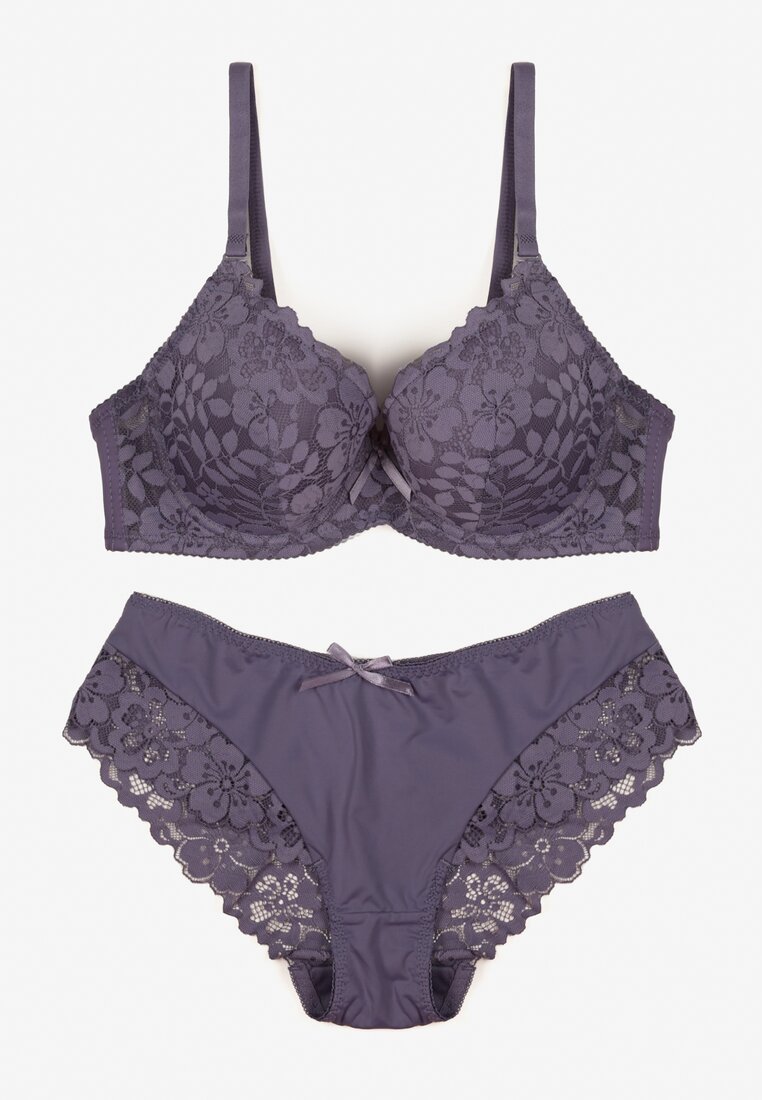 Fioletowy Komplet Biustonosz i Majtki Typu Figi Ozdobiony Koronką Ezivane