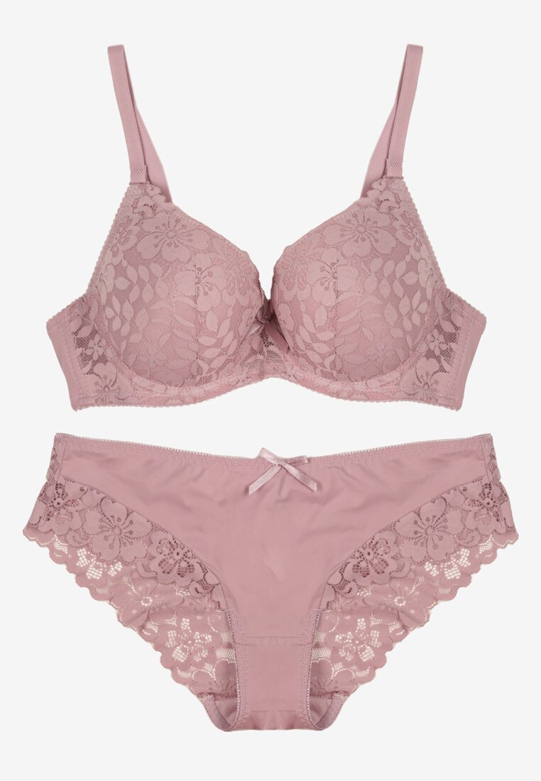 Jasnofioletowy Komplet Biustonosz i Majtki Typu Figi Ozdobiony Koronką Ezivane