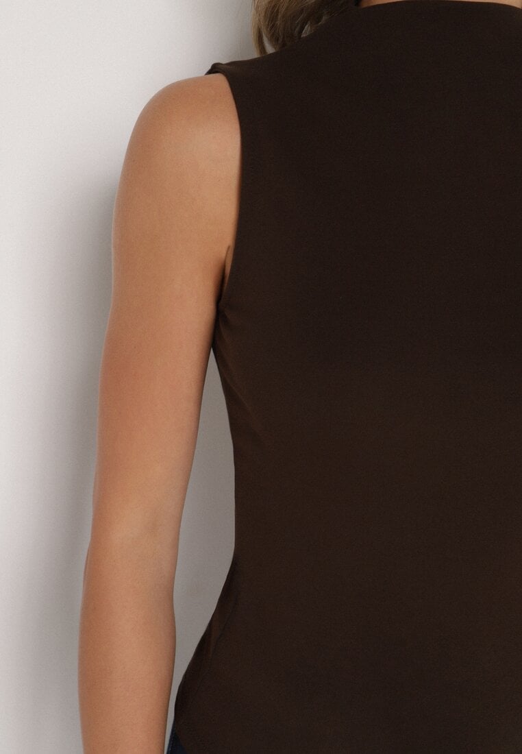 Ciemnobrązowy Bawełniany Top o Dopasowanym Kroju z Półgolfem Unarisa