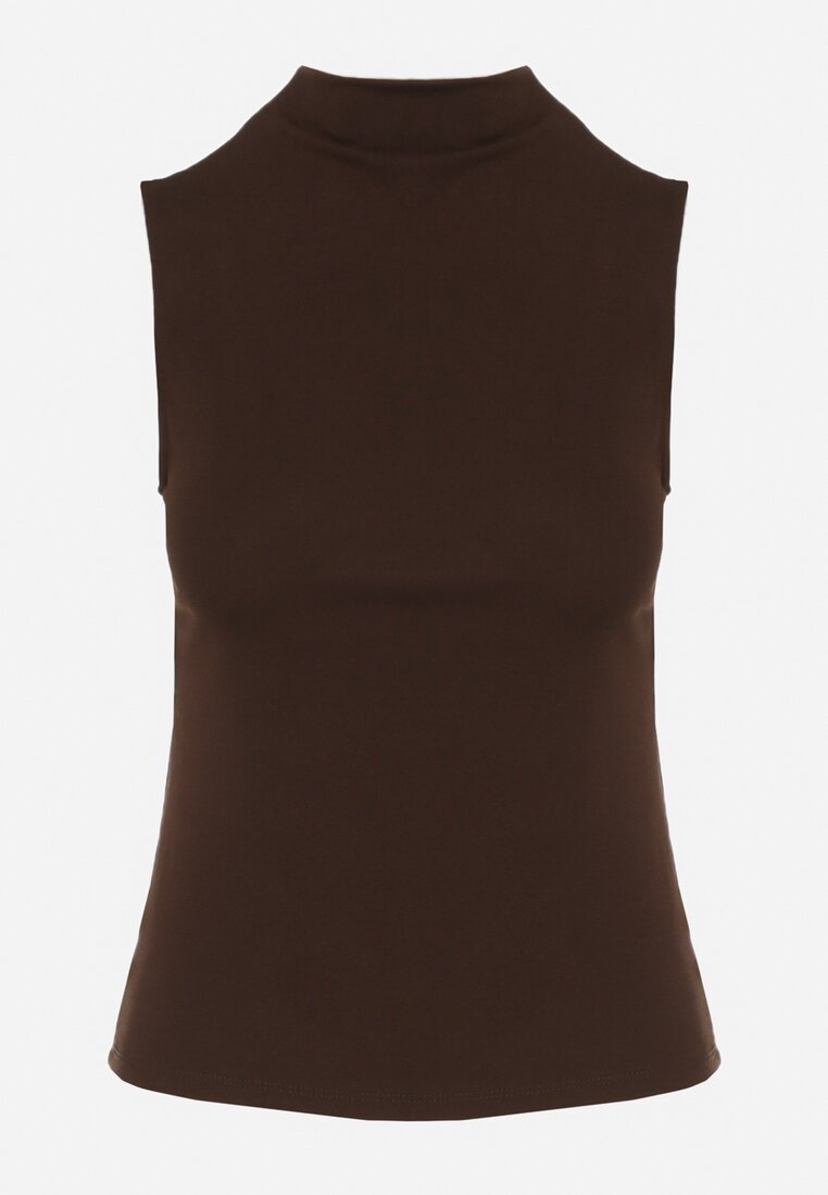 Ciemnobrązowy Bawełniany Top o Dopasowanym Kroju z Półgolfem Unarisa