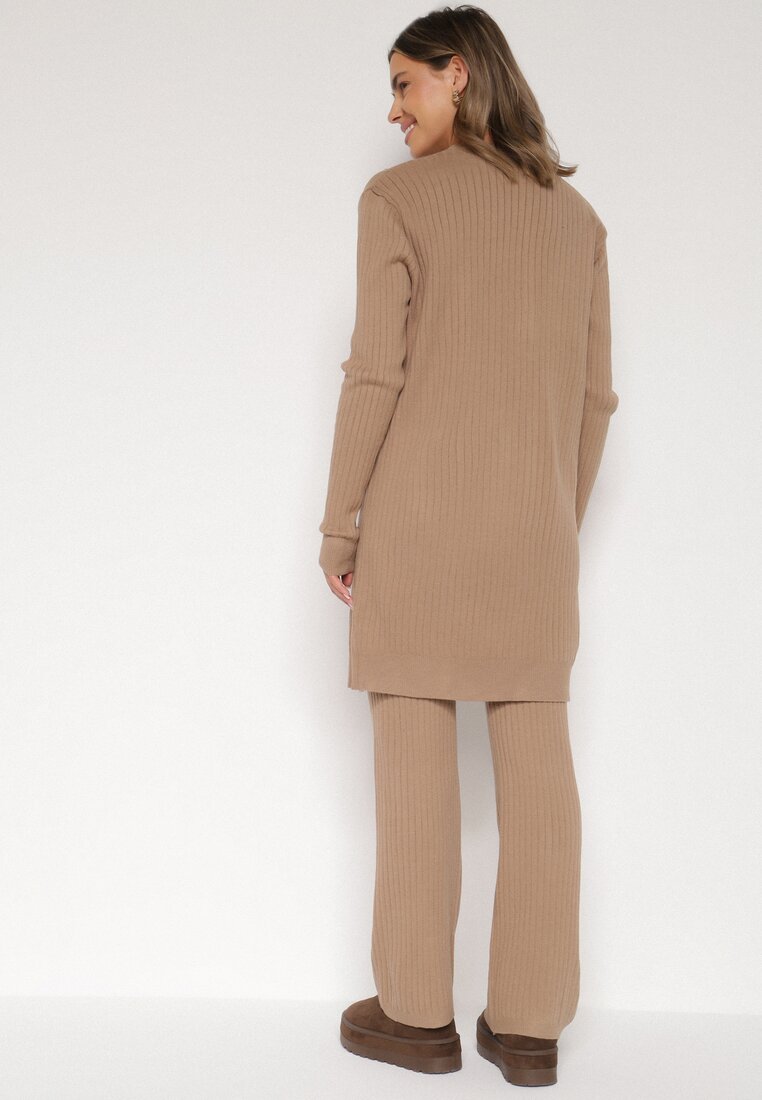 Ciemnobeżowy Komplet Dzianinowy z Bawełną Spodnie Kamizelka i Długi Kardigan Meviravia