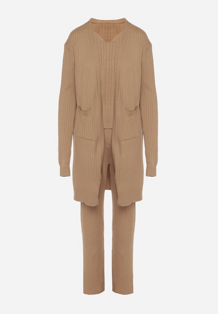 Ciemnobeżowy Komplet Dzianinowy z Bawełną Spodnie Kamizelka i Długi Kardigan Meviravia