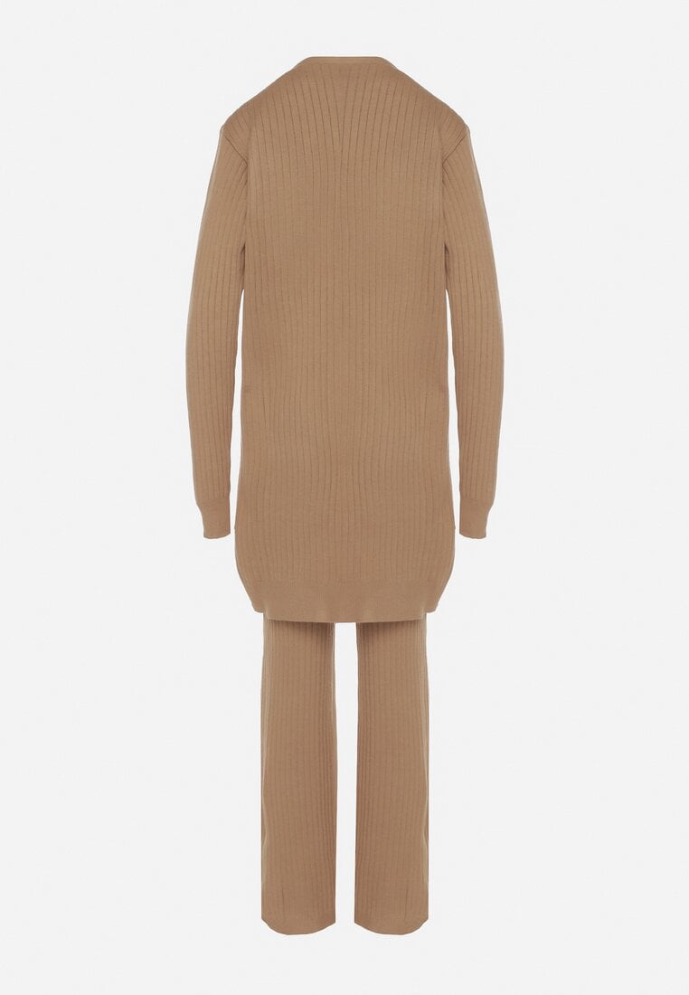Ciemnobeżowy Komplet Dzianinowy z Bawełną Spodnie Kamizelka i Długi Kardigan Meviravia