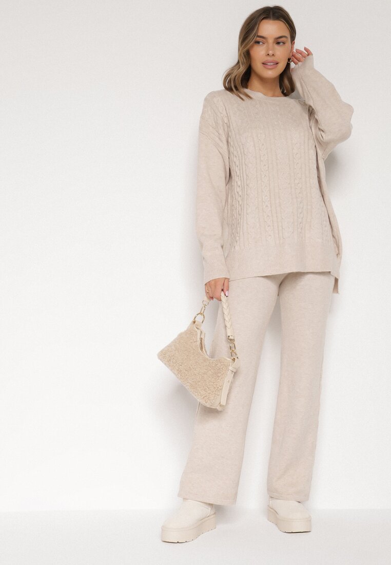 Jasnobeżowy Komplet Dzianinowy z Bawełną i Wełną Spodnie i Warkoczowy Sweter Errela