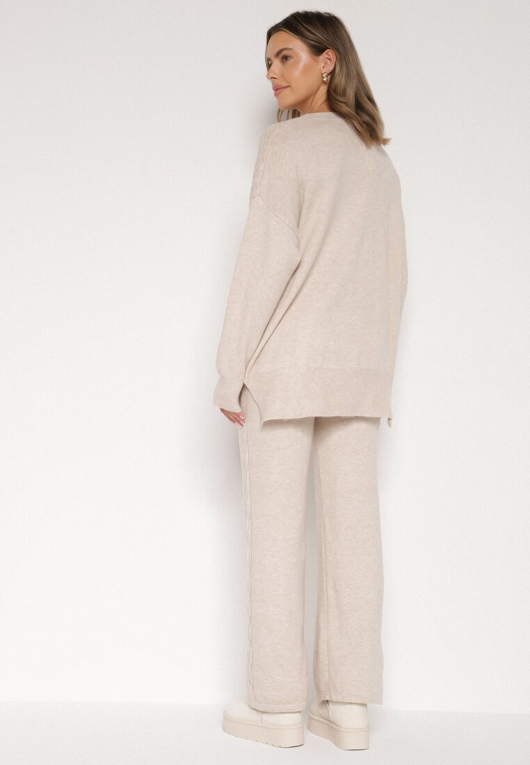 Jasnobeżowy Komplet Dzianinowy z Bawełną i Wełną Spodnie i Warkoczowy Sweter Errela