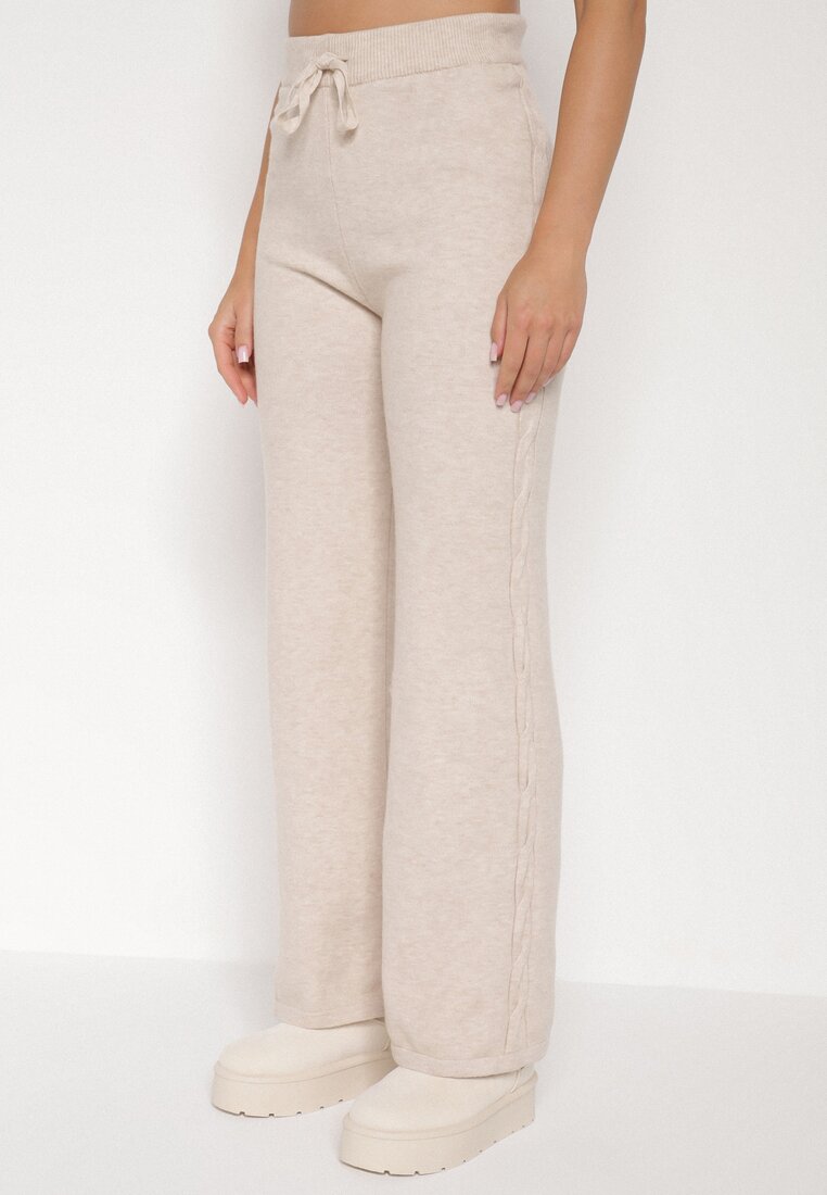 Jasnobeżowy Komplet Dzianinowy z Bawełną i Wełną Spodnie i Warkoczowy Sweter Errela