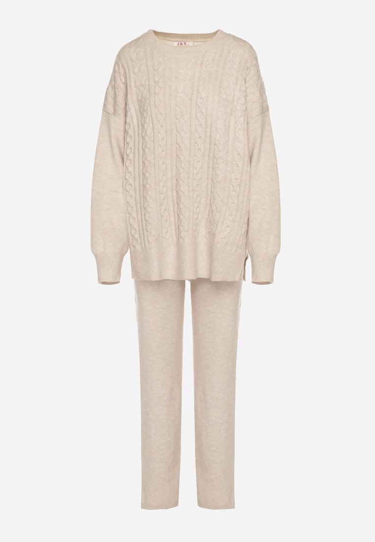 Jasnobeżowy Komplet Dzianinowy z Bawełną i Wełną Spodnie i Warkoczowy Sweter Errela