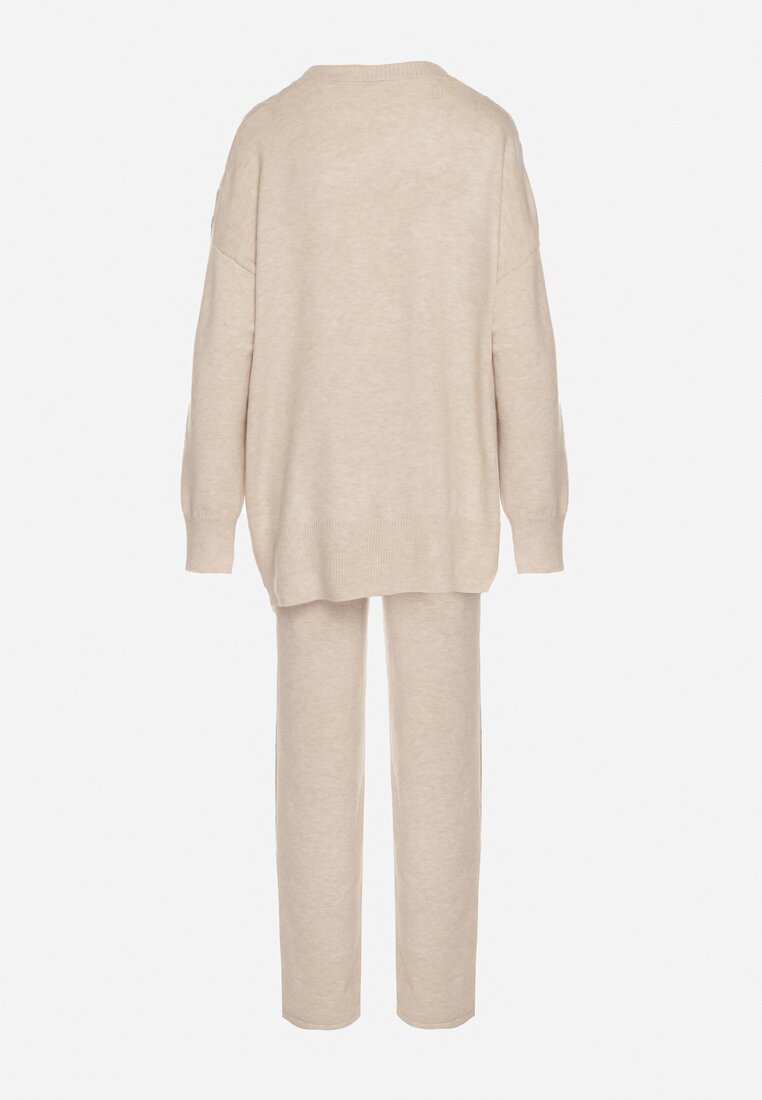 Jasnobeżowy Komplet Dzianinowy z Bawełną i Wełną Spodnie i Warkoczowy Sweter Errela