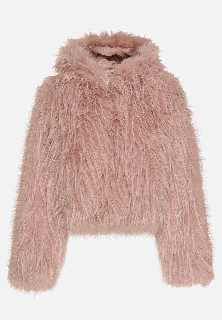 Różowa Kurtka Futerko na Suwak z Kapturem Zetale