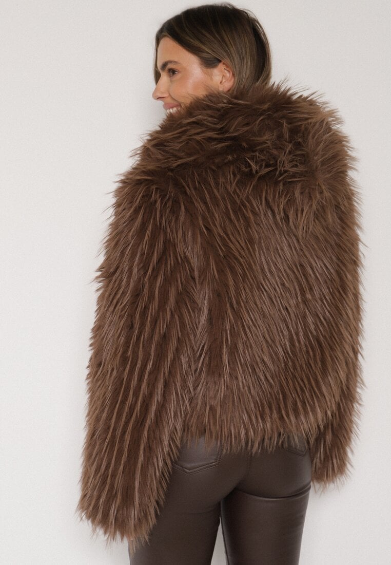 Brązowa Kurtka Futerko na Suwak z Kapturem Zetale