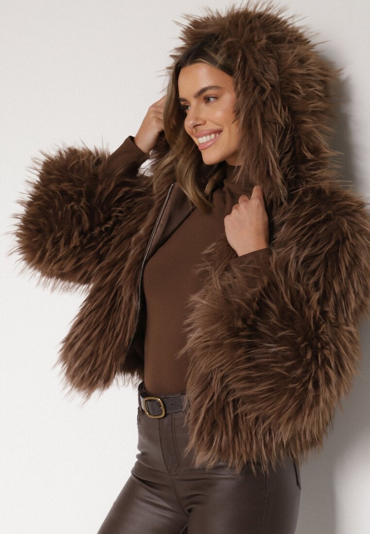 Brązowa Kurtka Futerko na Suwak z Kapturem Zetale