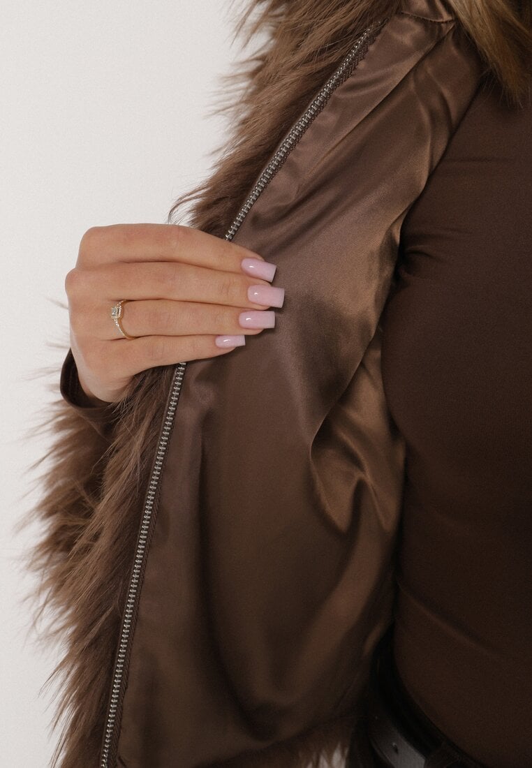 Brązowa Kurtka Futerko na Suwak z Kapturem Zetale