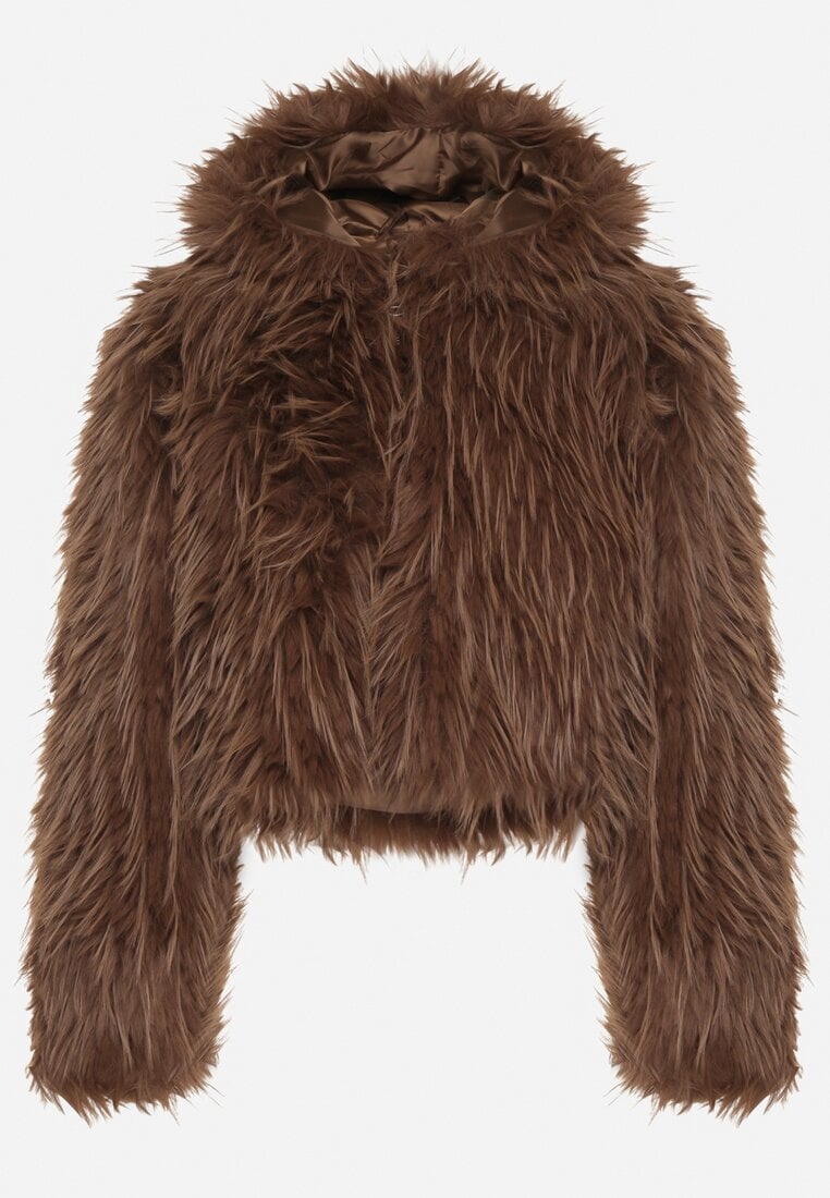 Brązowa Kurtka Futerko na Suwak z Kapturem Zetale