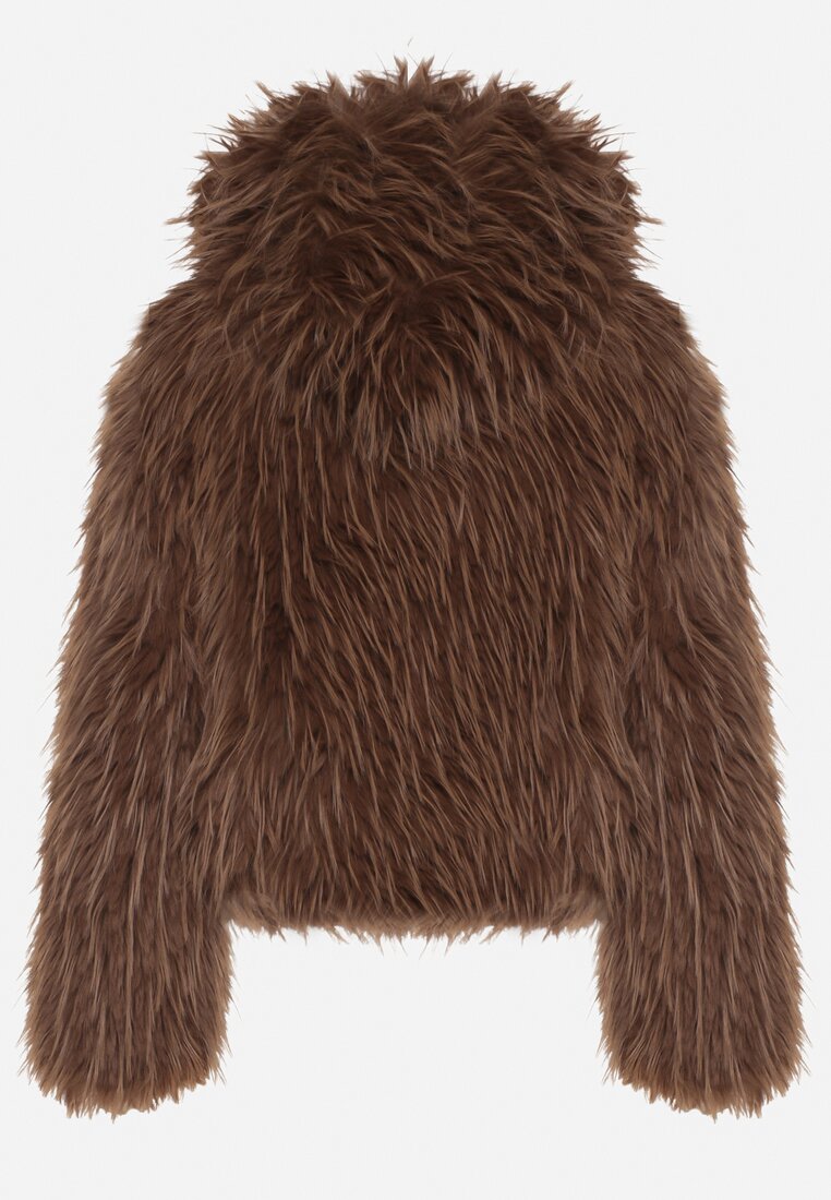 Brązowa Kurtka Futerko na Suwak z Kapturem Zetale