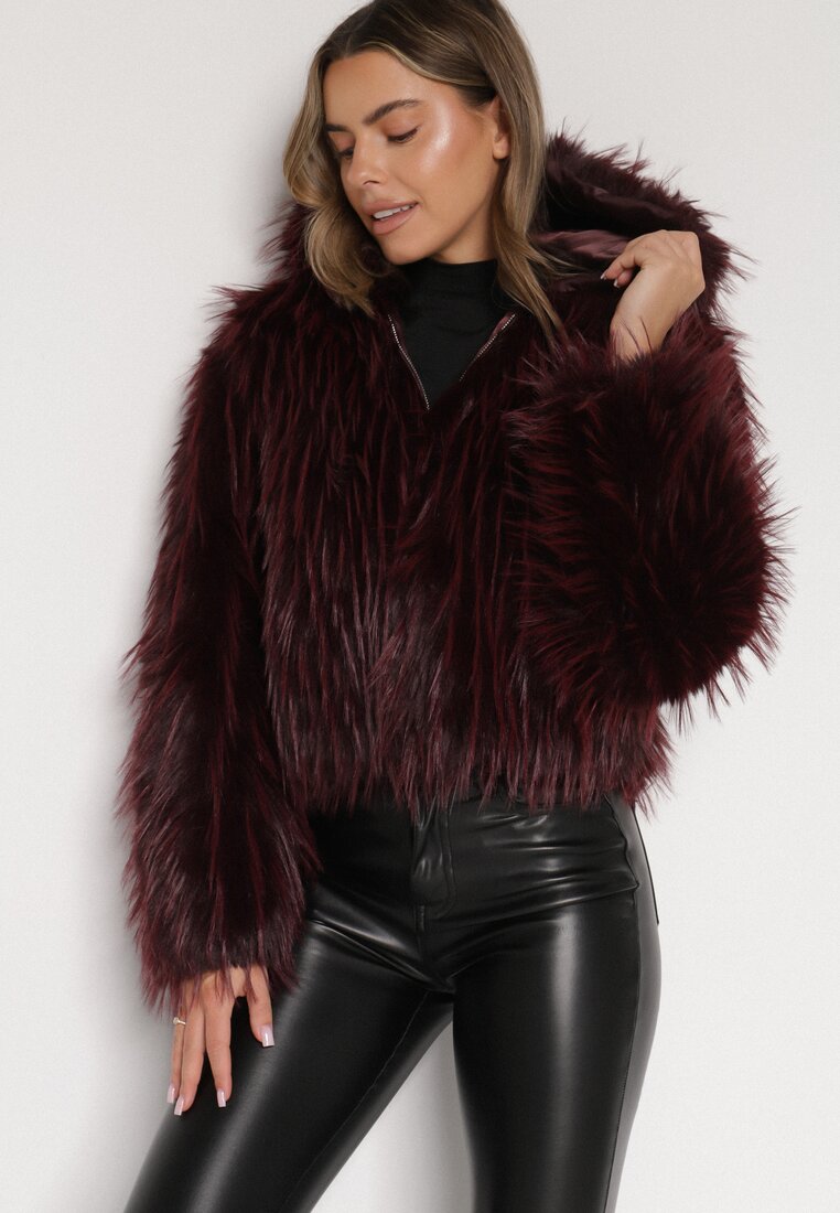 Bordowa Kurtka Futerko na Suwak z Kapturem Zetale